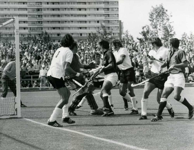 Pakistan hockey players get into a tussle with the German team in the hockey finals of the 1972 Munich Olympics