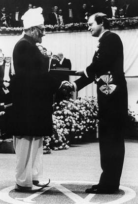 Prof Salam receiving the Nobel Prize for Physics