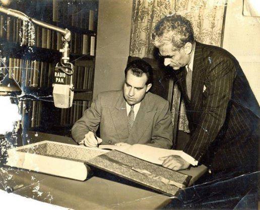 US-Vice-President-Richard-Nixon-writing-his-comments-on-the-visitorsâ€™-book-at-Radio-Pakistanâ€™s-Karachi-station-in-the-1950s
