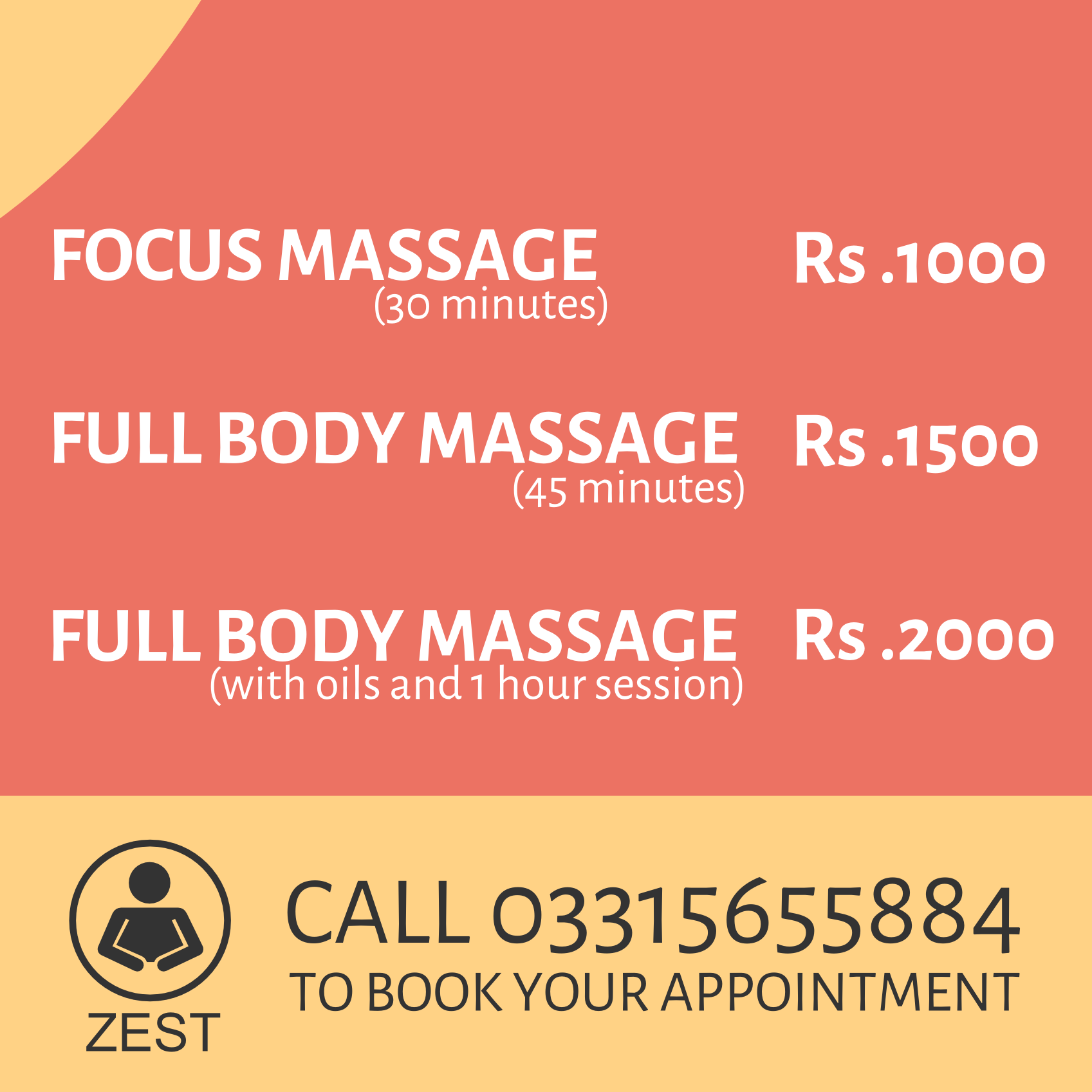 Zest Massage Price List