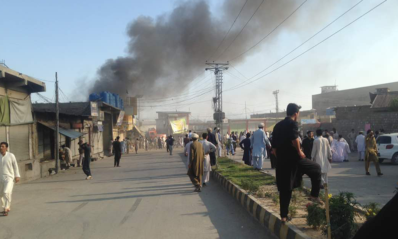 Smoke rises from the site of the explosion in Parachinar on Friday.
